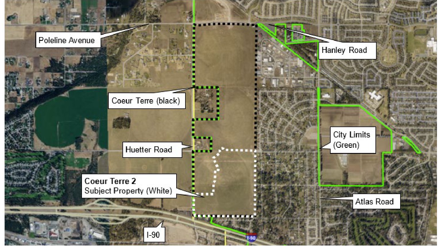 Location map from the City's S-2-26 AA notice Aerial location map from the City’s notice: Coeur Terre outlined in black between Huetter Road and the city limits, with the Coeur Terre 2 subject property outlined in white in its southern portion, north of I-90; Poleline Avenue, Hanley Road and Atlas Road are labeled