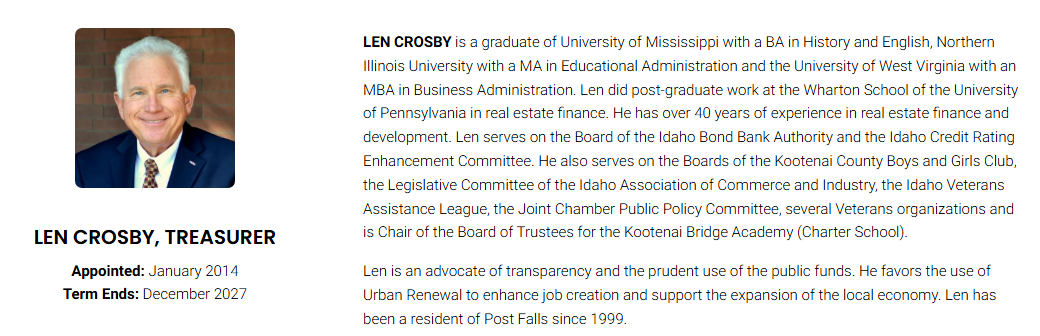 Len Crosby’s urban renewal agency biography, retrieved October 24, 2026, showing his treasurer title and the transparency statement quoted below.