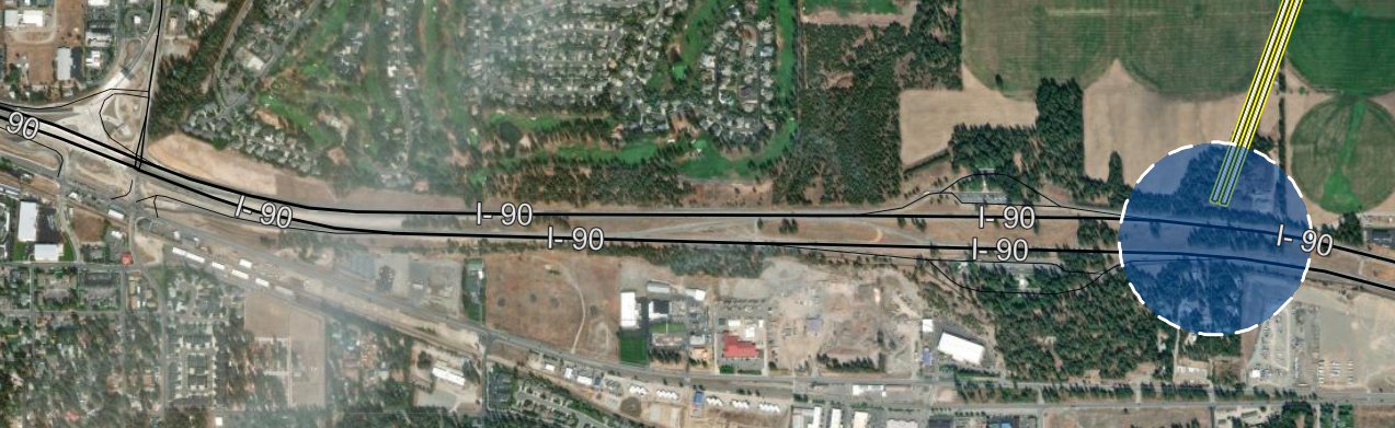 Aerial view of I-90 with the area of ITD’s Alternative H ramps at Huetter Road circled in blue